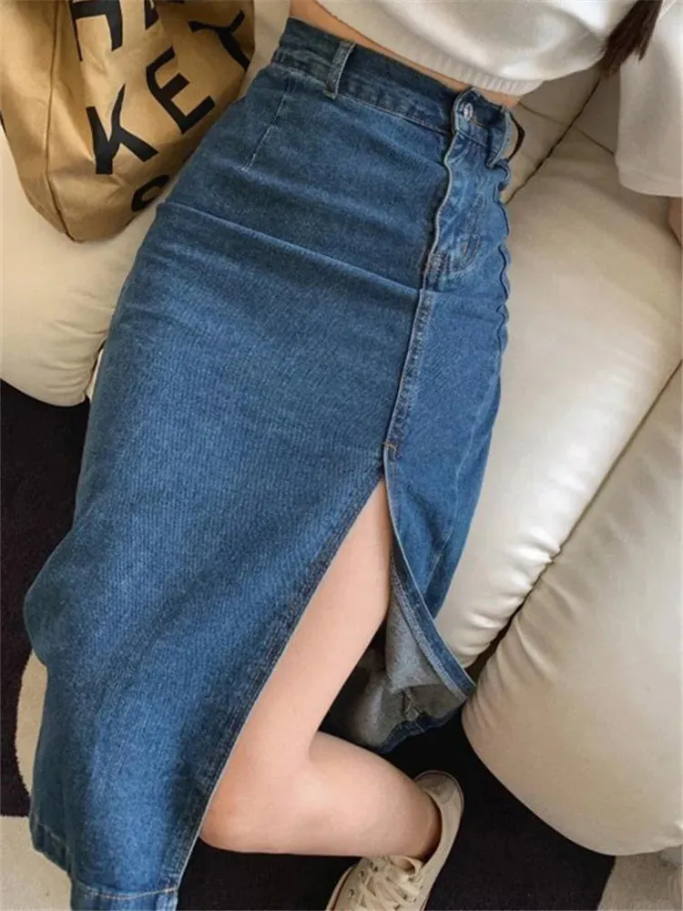 2024 Midi Spring Summer Side Split High Wasit Jeans Straight Female Skirt