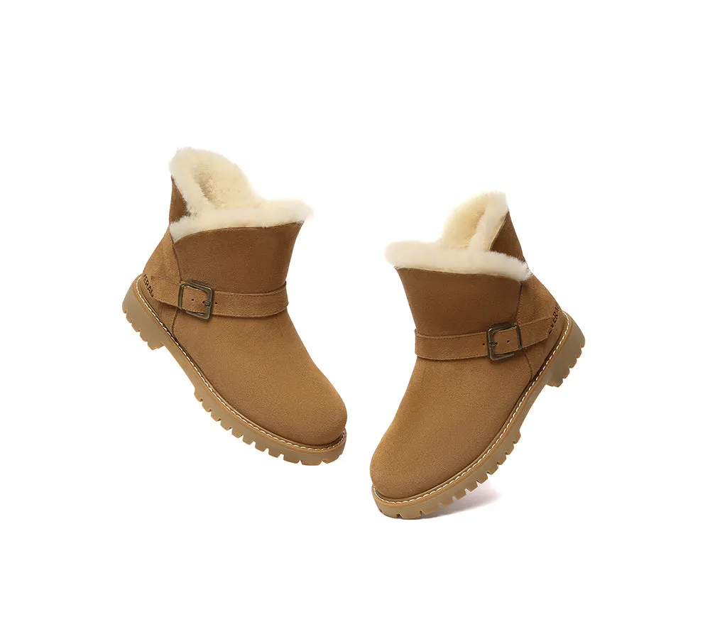 EVERAU UGG Women Sheepskin Wool Buckle Decor Ankle Boots Polarwalk