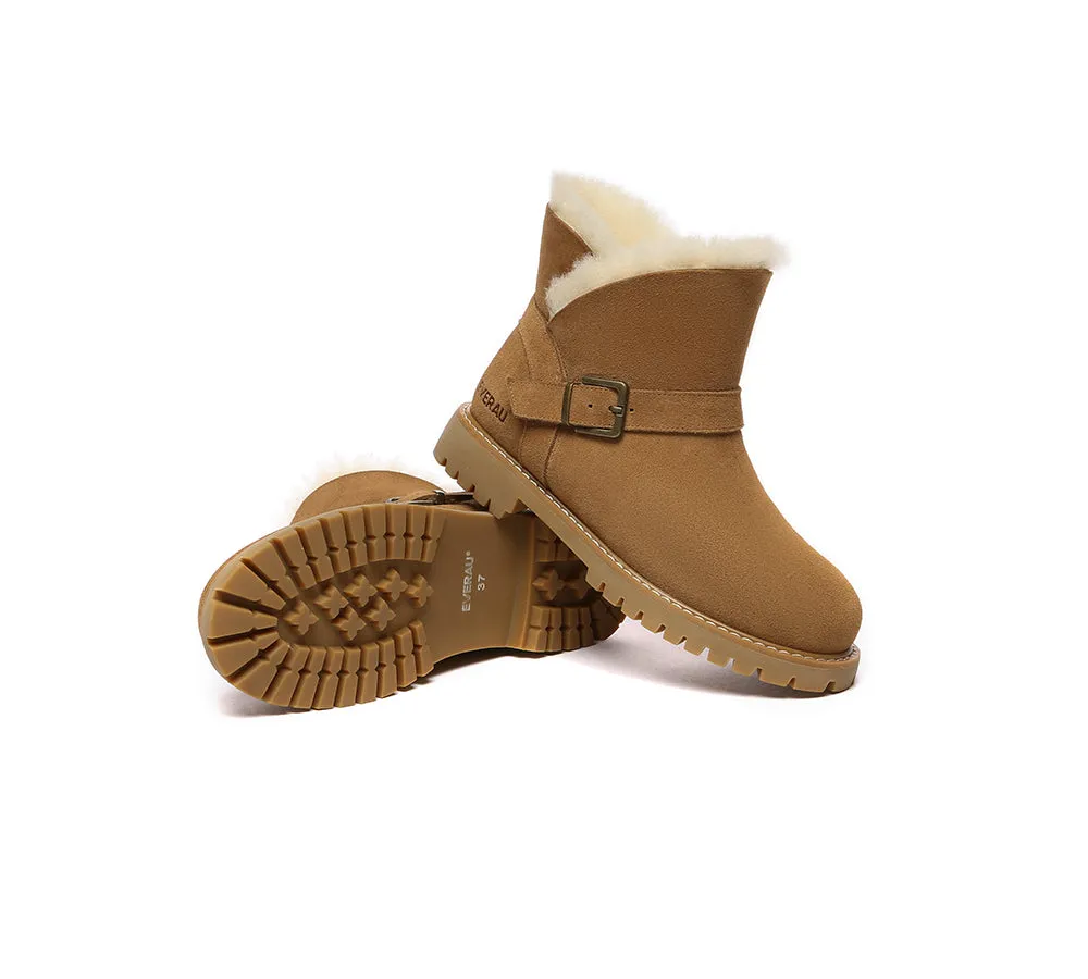 EVERAU UGG Women Sheepskin Wool Buckle Decor Ankle Boots Polarwalk