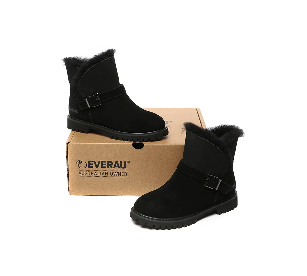 EVERAU UGG Women Sheepskin Wool Buckle Decor Ankle Boots Polarwalk