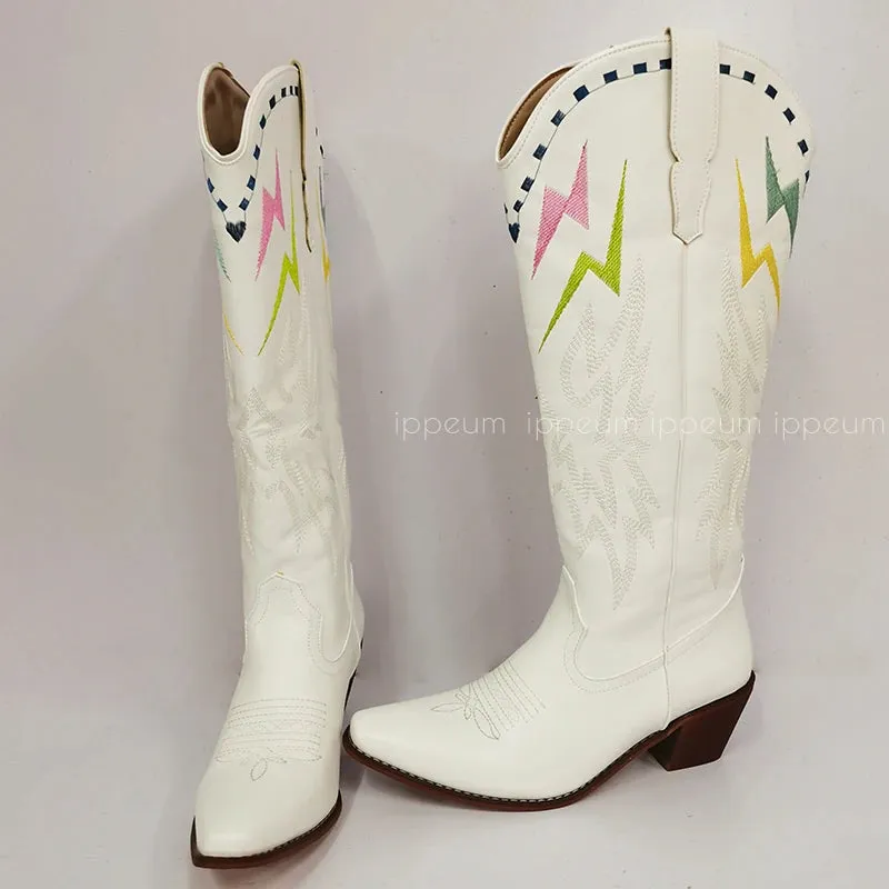 Knee High Cowboy Boots Women With Embroidery New Fashion Free Shipping White Cowgirl Boots For Wedding Western Shoes