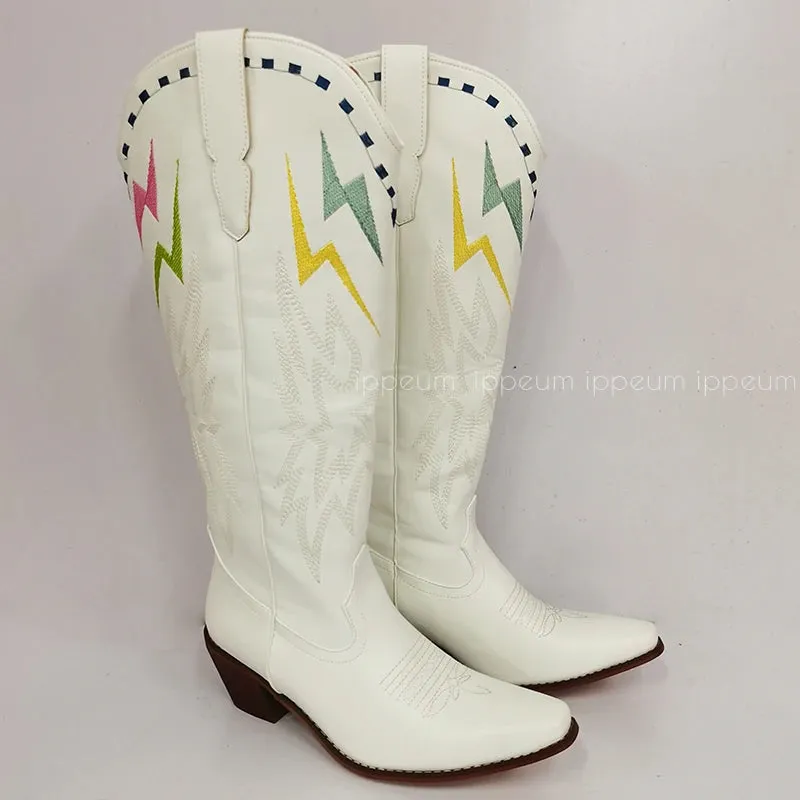 Knee High Cowboy Boots Women With Embroidery New Fashion Free Shipping White Cowgirl Boots For Wedding Western Shoes