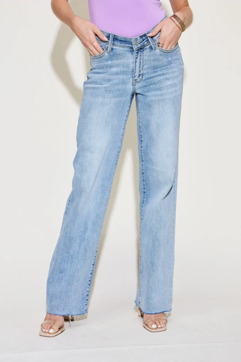 Light Blue Full Size V Front Waistband Straight Jeans