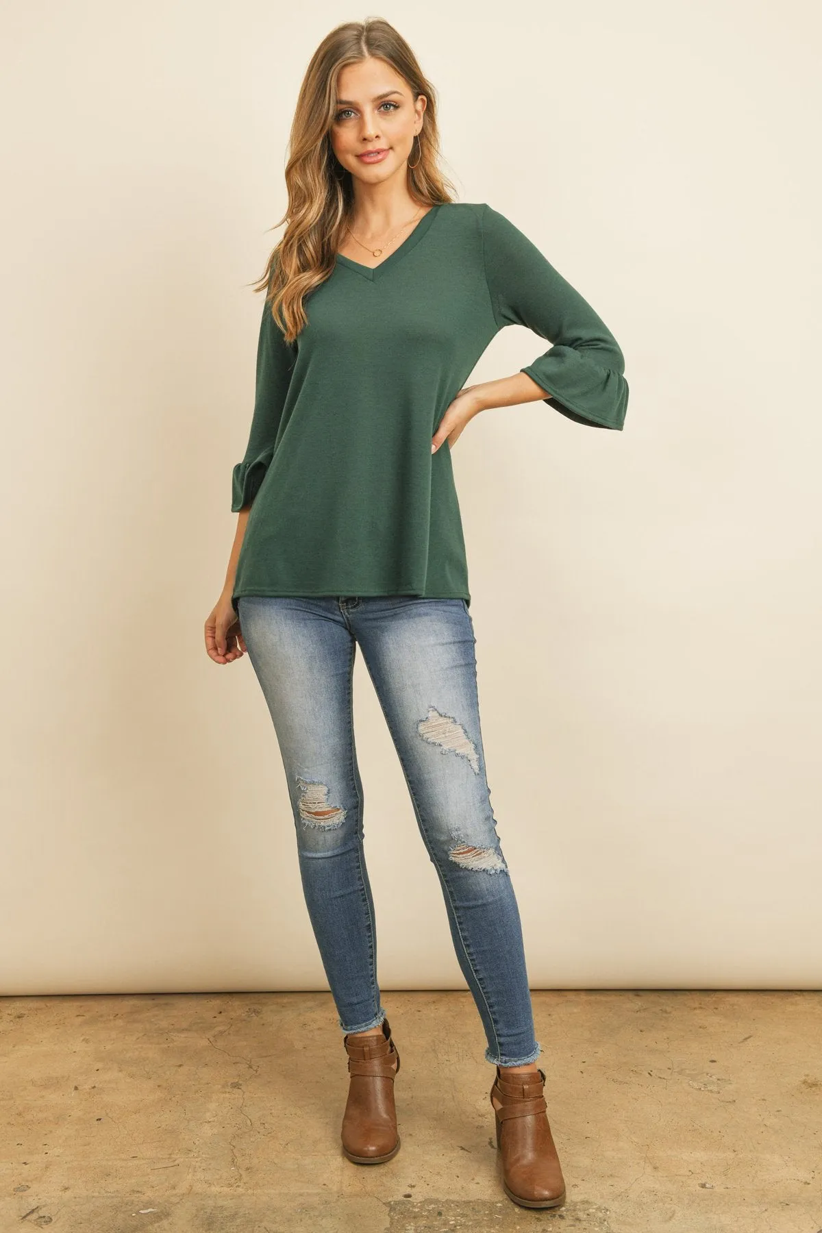 Solid Bell Sleeve V-Neck Top