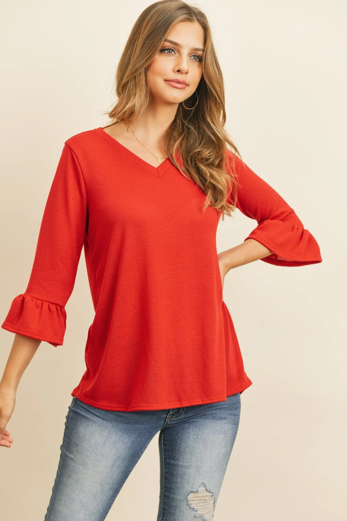 Solid Bell Sleeve V-Neck Top