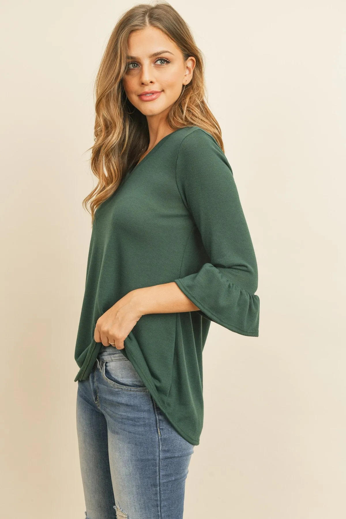 Solid Bell Sleeve V-Neck Top