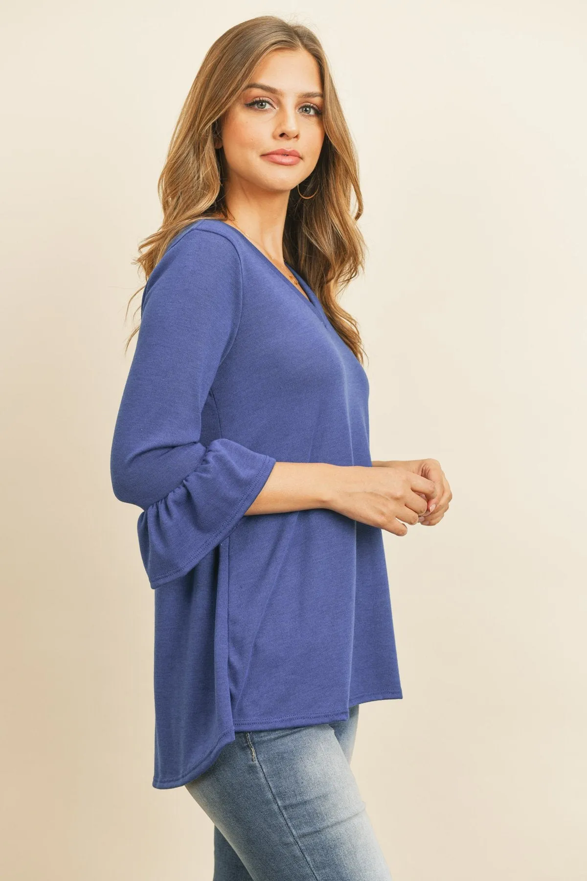 Solid Bell Sleeve V-Neck Top