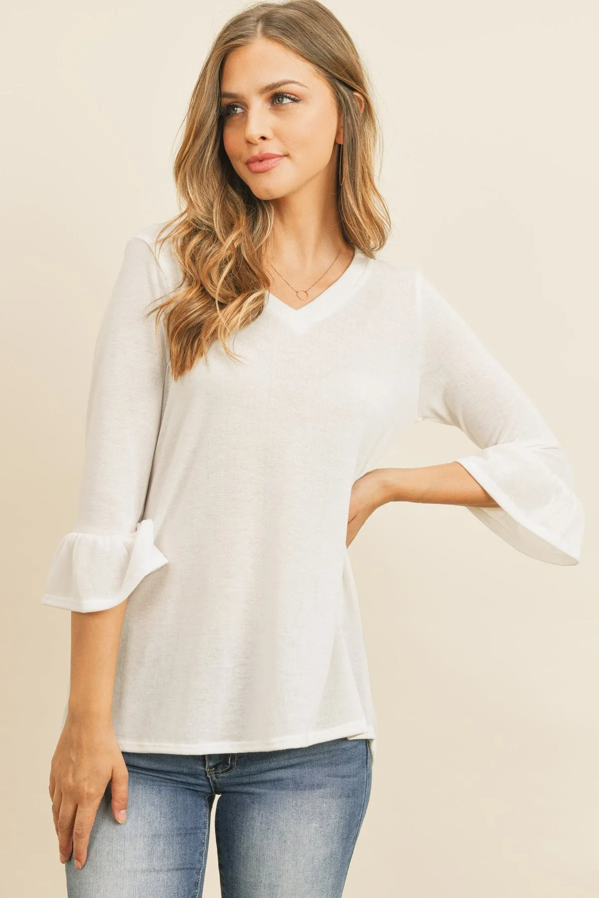 Solid Bell Sleeve V-Neck Top