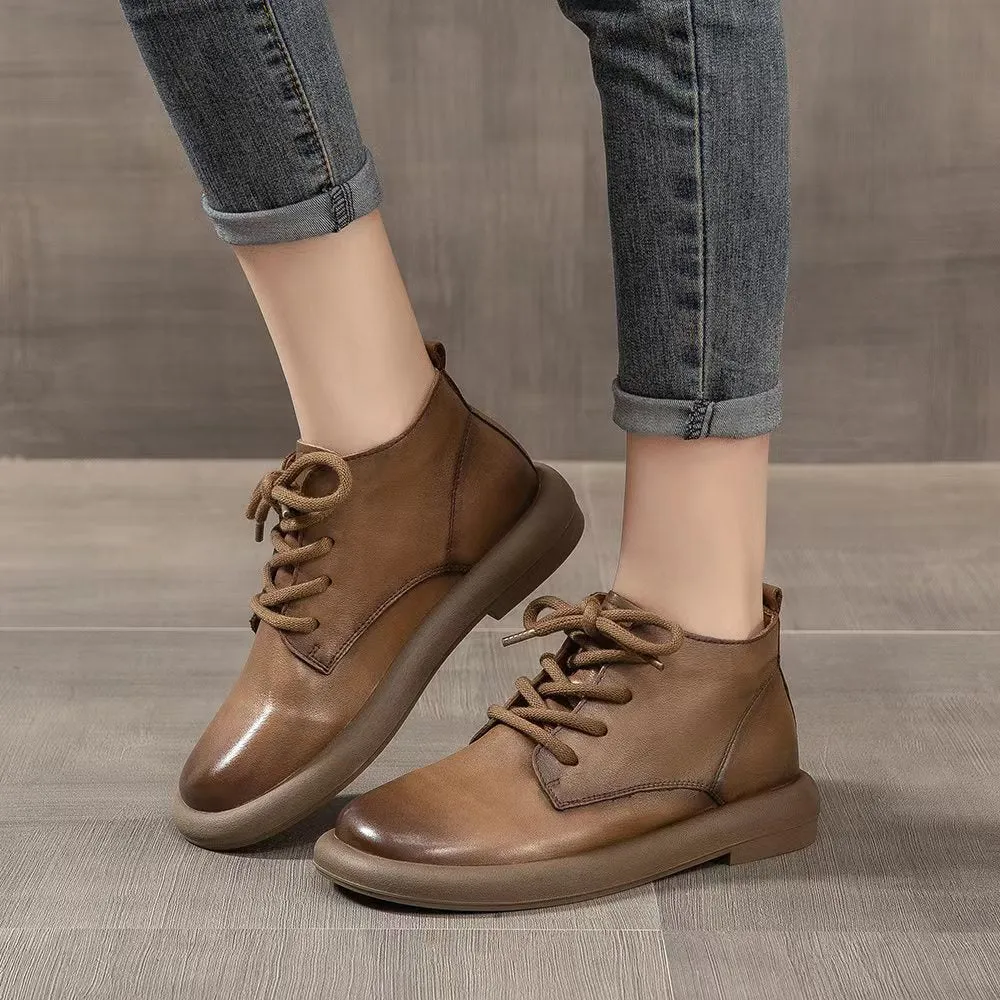 Women Autumn Retro Solid Leather Ankle Boots