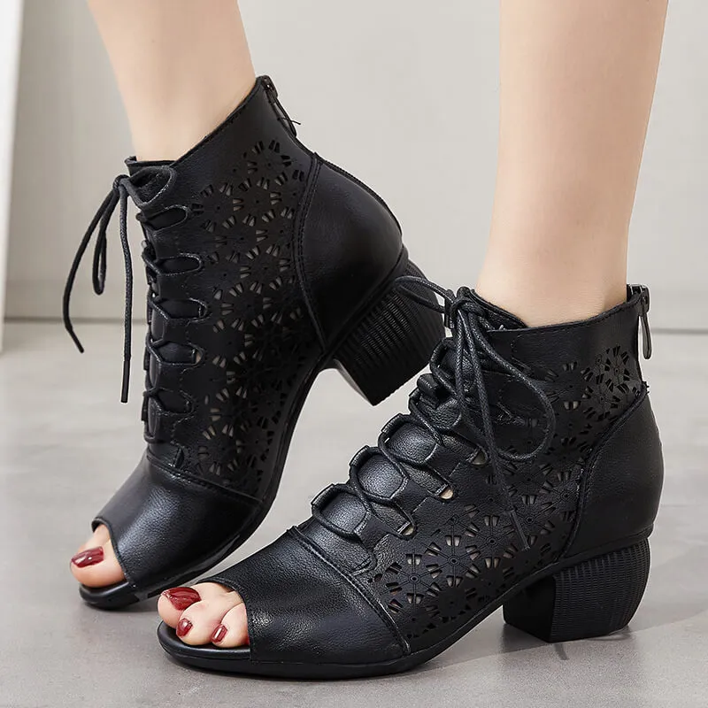 Women Pee-Toe Soft Leather Wedge Black Ankle Boots