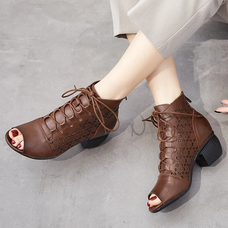 Women Pee-Toe Soft Leather Wedge Black Ankle Boots