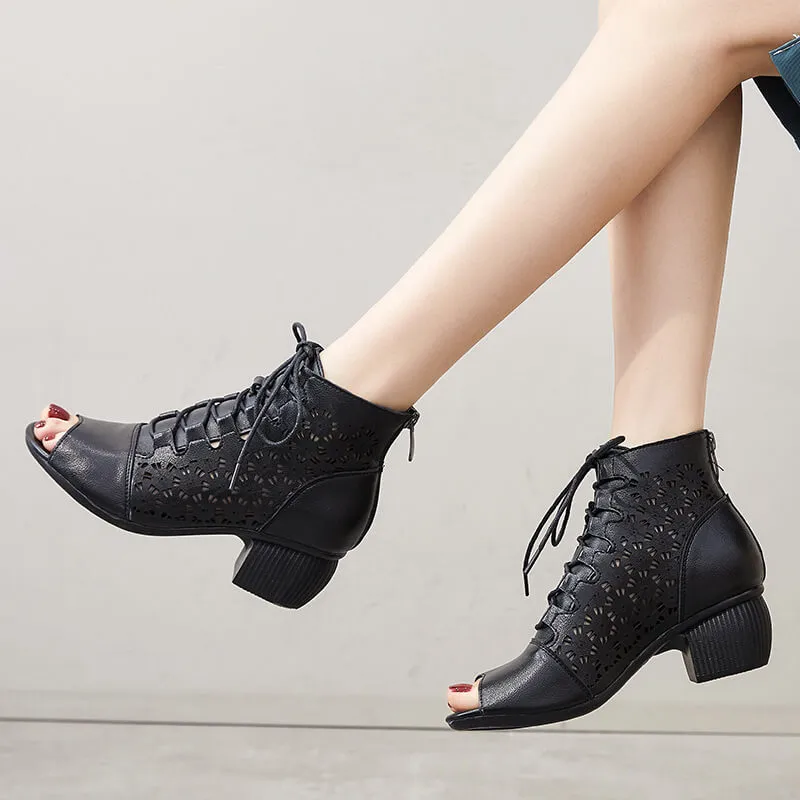 Women Pee-Toe Soft Leather Wedge Black Ankle Boots