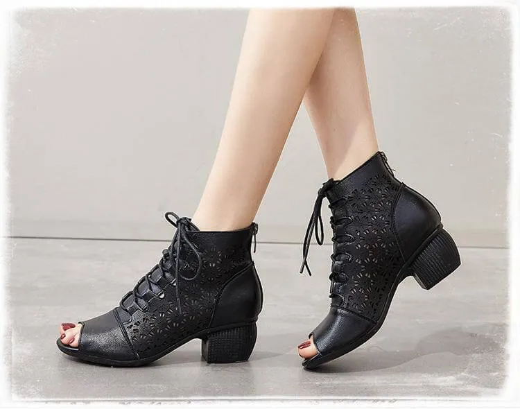 Women Pee-Toe Soft Leather Wedge Black Ankle Boots