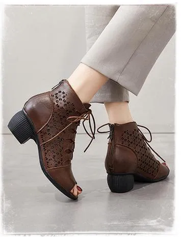 Women Pee-Toe Soft Leather Wedge Black Ankle Boots