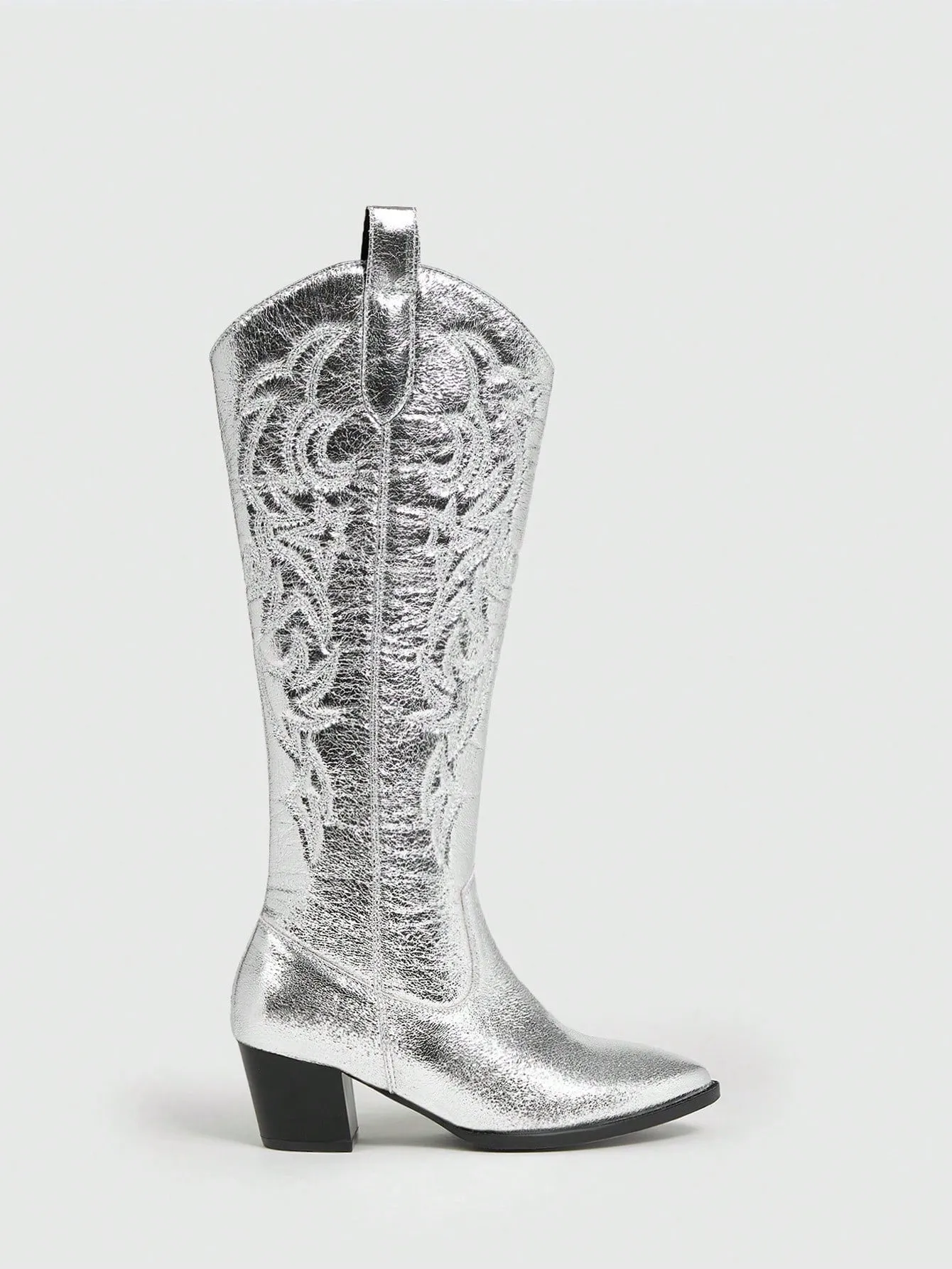 Women Shoes Fashionable Point Toe Silver Western Boots With Chunky Heel Valentines Day